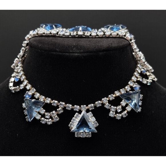 Vintage 1960s Blue Rhinestones Necklace & Bracelet Set With Triangular & Round S - Picture 4 of 5